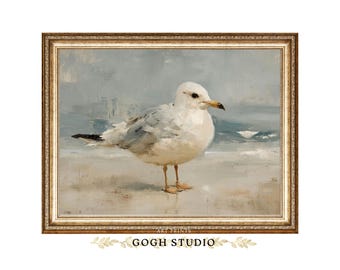 Impresión artística de pintura al óleo de gaviota costera: decoración vintage de aves playeras (descarga digital)