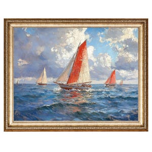 Sailboat Print in Seascape Painting, Nautical Wall Decor Oil Painting VINTAGE Prints, Downloadable Art, Gallery Wall Art Digital Downloads