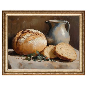 May include: A still life painting depicting a loaf of bread and two slices of bread, a blue ceramic jug, and green leaves on a white tablecloth.