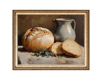 May include: A still life painting of a loaf of bread and two slices of bread, a blue ceramic pitcher, and green leaves on a white tablecloth.