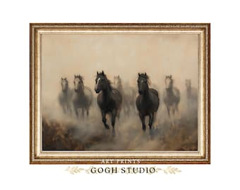 Vintage Wild Horses Oil Painting, Western Equestrian Art (Digital Prints)