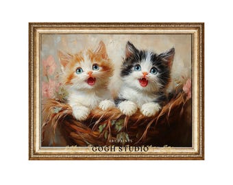 Cat Portrait Vintage Animal Print Whimsical Cat Wall Art Cottagecore Nursery Digital Download