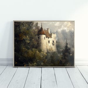 Op de afbeelding: Een schilderij van een wit kasteel met een rood dak, omringd door bomen en een mistige achtergrond.