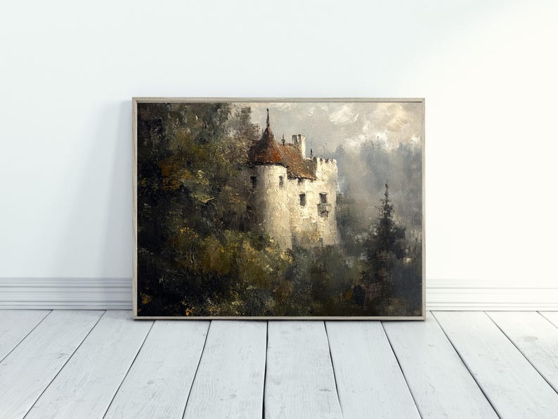 Op de afbeelding: Een schilderij van een wit kasteel met een rood dak, omringd door bomen en een mistige achtergrond.