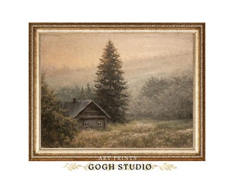 Printable Rustic Cabin Landscape Oil Painting Living Room Wall Art (Digital Download)