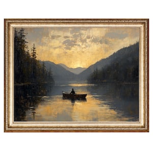 Fisherman Art Sunset Lake Painting, Boat Wall Art Fishing Gifts Oil Painting, Cottage Core Art, Best Gifts VINTAGE Painting, DIGITAL PRINTS
