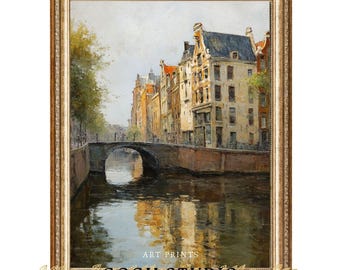 Amsterdamkanaltryck: Impressionistisk konst med vintage holländskt hus (digital nedladdning)