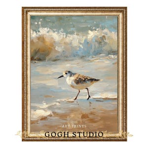 Sandpiper Bird Vintage Wall Art Print Coastal Oil Painting Seaside Animal Scene for Beach House or Nautical Bathroom Decor