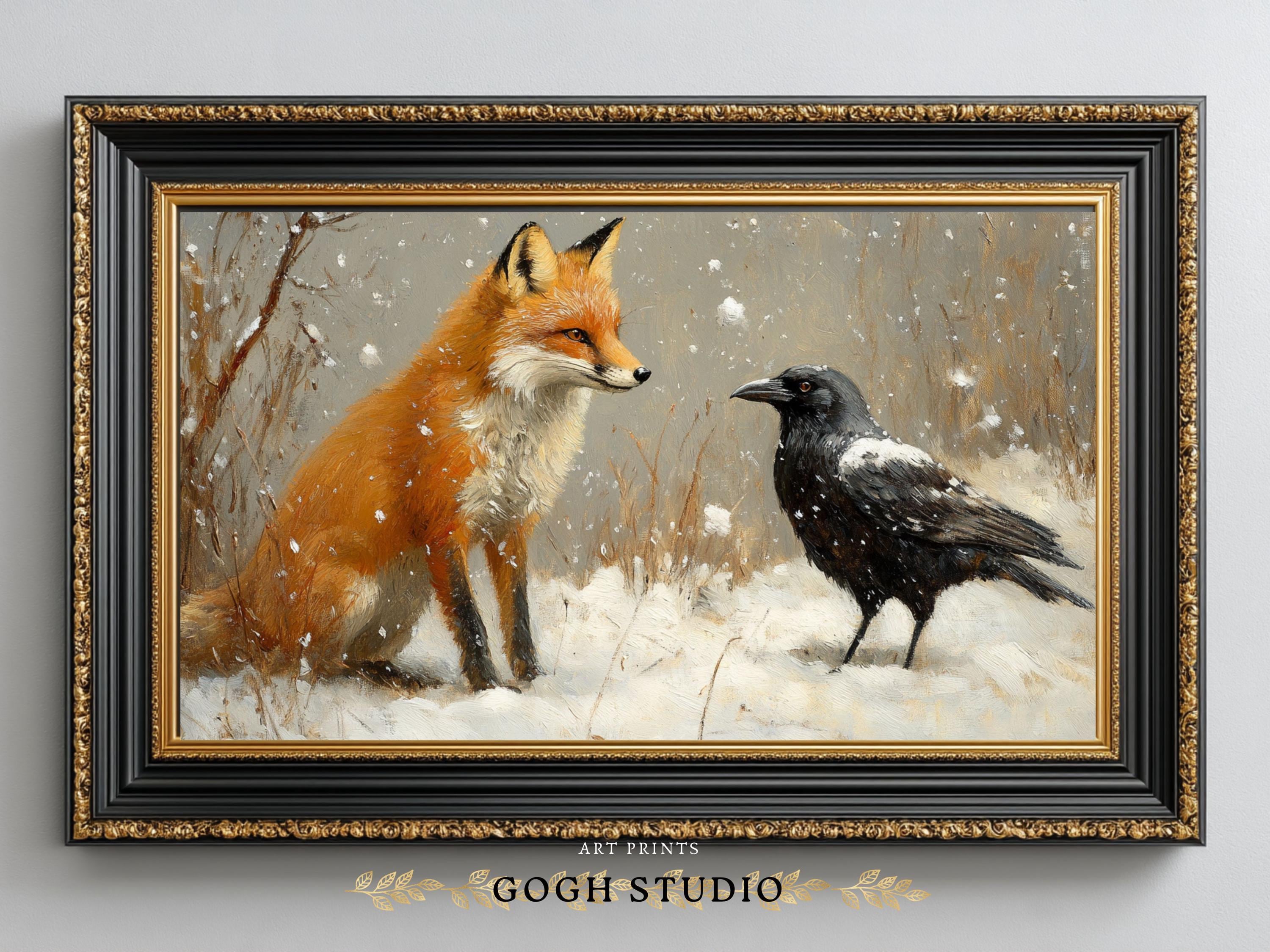 Fox and Crow Winter Wonderland Vintage Print, Cottagecore Gallery