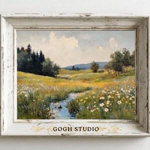 Vintage olieverfschilderij lenteweide, rustiek landschap (digitale print) afbeelding 7
