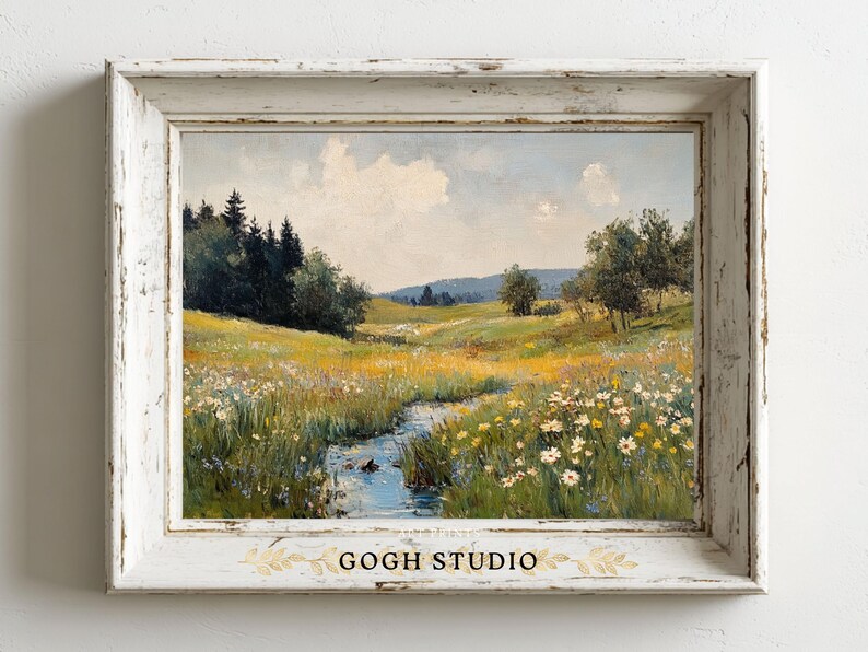 Vintage olieverfschilderij lenteweide, rustiek landschap (digitale print) afbeelding 7