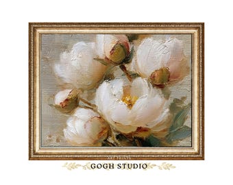 Stampa artistica con dipinto a olio di peonie bianche: decorazione floreale vintage da parete (download digitale)