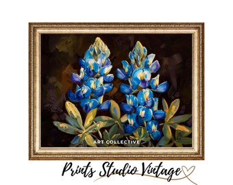 Vintage Bluebonnet oljemålning konsttryck, blommig väggdekoration (digital nedladdning)
