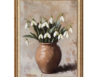 Snowdrops Vintage Oil Painting, Floral Still Life Cottagecore Wall Art (Digital Print)