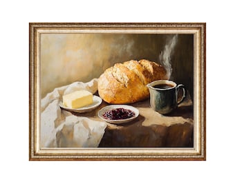 May include: A framed oil painting depicting a still life of a loaf of bread, a pat of butter, a bowl of jam, and a cup of coffee. The painting is set on a table with a white tablecloth.