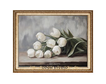 Vintage White Tulips Oil Painting, Cottagecore Botanical Art (Digital Prints)