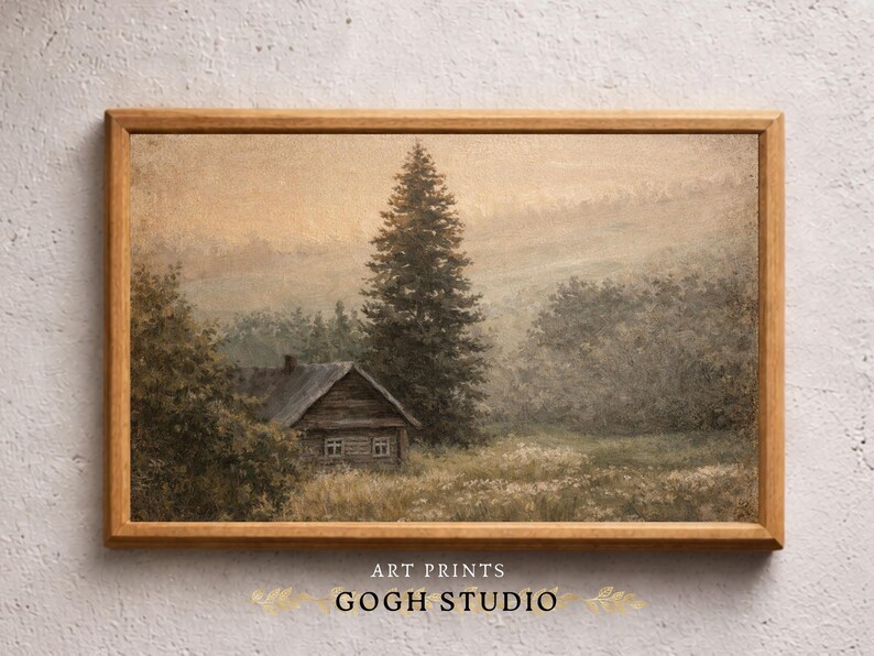 Printable Rustic Cabin Landscape Oil Painting Living Room Wall Art ...