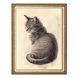 Vintage Bleistiftzeichnung einer getigerten Katze im Profil, elegantes Tierporträt, Cottagecore Wandkunst, druckbare Wandkunst, digitale Produkte