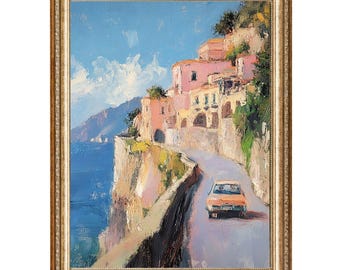 Amalfi Coast Vintage Art Print – Seaside Road, Colorful Houses (Digital Download)