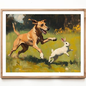 Hunting Dog and Rabbit Vintage Art Print Digital Wildlife Painting ...