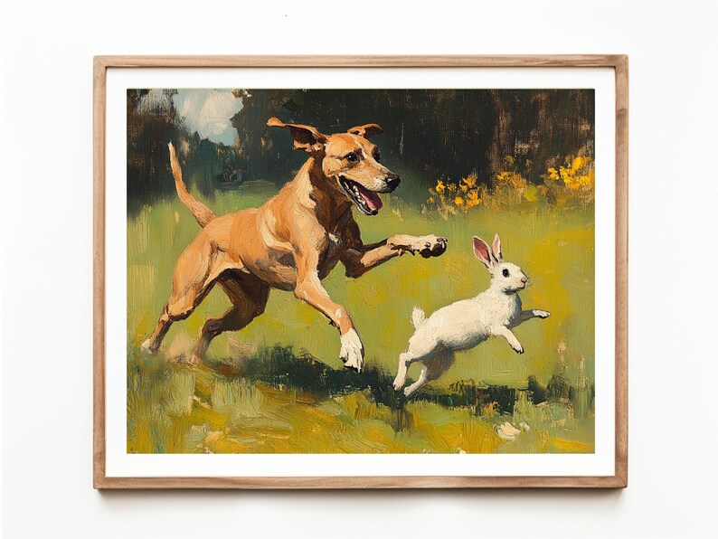 Printable Hunting Dog and Rabbit Oil Painting Farmhouse Wall Art ...