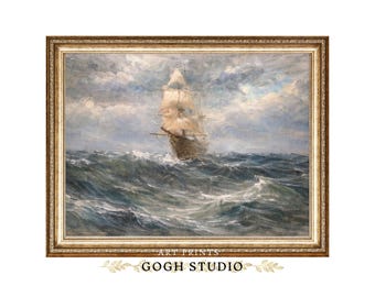 Vintage Ship Print, Stormy Seas Painting, Antique Sailboat Art (Digital Download)