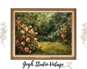 Arte mural de jardín de rosas, pintura al óleo de rosas rosas, obra de arte antigua vintage descargable.