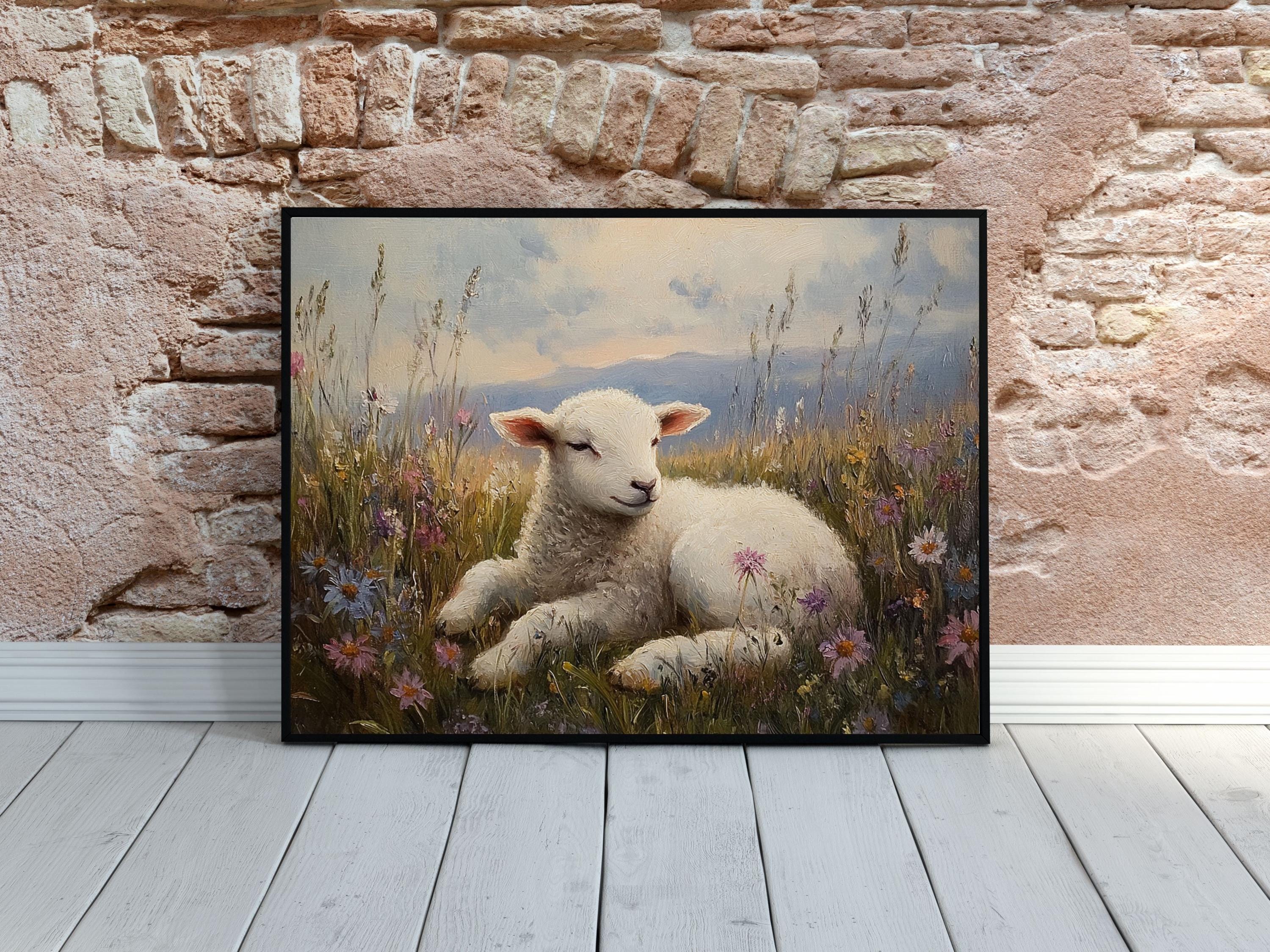 Lamb in Wildflower Meadow Vintage Oil Painting, Cottagecore Wall