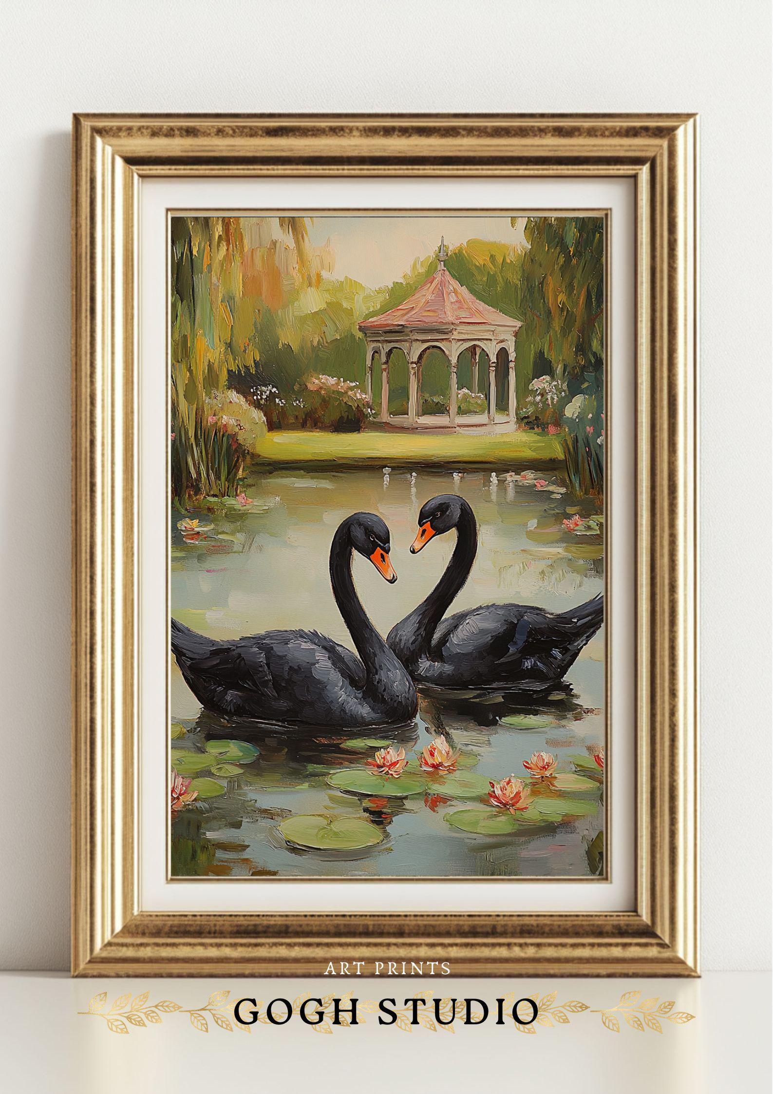 油絵 油彩 油彩画 絵 絵画 【白黒風景のハクチョウ池】 白鳥の絵画：モネの池、睡蓮、オリジナル油絵（12x12） - Etsy 日本