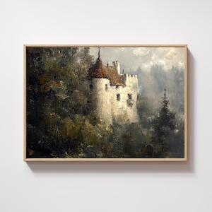 Op de afbeelding: Een schilderij van een wit kasteel met een bruin dak, omringd door bomen. Het kasteel staat tegen een bewolkte lucht.