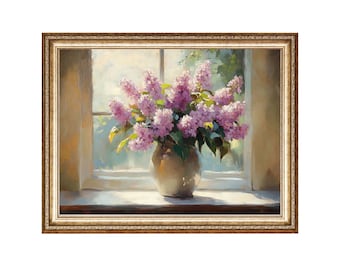 Vintage Lilac Flowers Still Life Oil Painting, Cottagecore Art (Digital Prints)