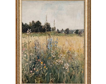 Vintage Wildflower Meadow Oil Painting, Cottagecore Landscape Art (Digital Print)
