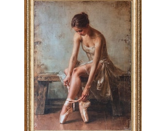 Vintage Ballerina Oil Painting, Tying Pointe Shoes, Cottagecore Art (Digital Prints)