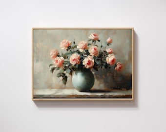 とても雰囲気のよい優しいバラと鳥の絵　油彩画 花瓶のバラ ヴィンテージ とても雰囲気のよい優しいバラと鳥の絵 油彩画 花瓶のバラ ヴィンテージ