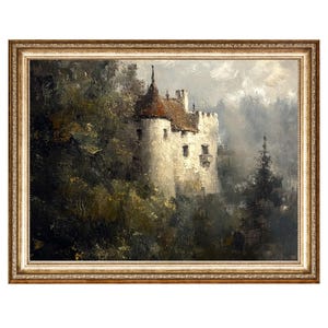 Op de afbeelding: Een schilderij van een wit kasteel met een rood dak, omringd door bomen. Het kasteel staat tegen een bewolkte lucht.