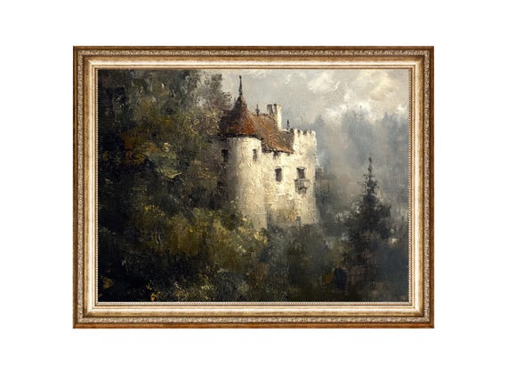 Dracula Castle Oil Painting, Foggy Landscape Vintage Wall Art (Digital Prints)