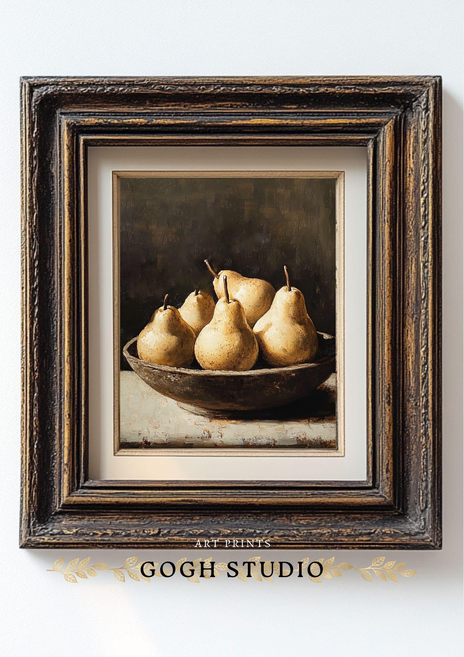 ヴィンテージの洋梨の静物画、素朴なキッチンアート（デジタルプリント