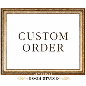 May include: A rectangular picture frame with an ornate gold and brown finish surrounding a white centre. The text CUSTOM ORDER is printed in black in the middle. Below the frame, the text ART PRINTS GOGH STUDIO is displayed in black.