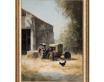 Pintura al óleo de un gallo con tractor de granero vintage, arte cottagecore (impresiones digitales)