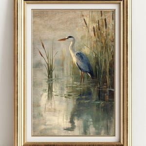 May include: A painting of a grey heron standing in a pond with reeds in the background. The heron is facing to the right and has its head turned to the left. The water is a light blue color and the reeds are a dark green color.