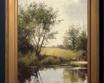 ヴィンテージ川風景油絵、コテージコア自然アート（デジタルプリント