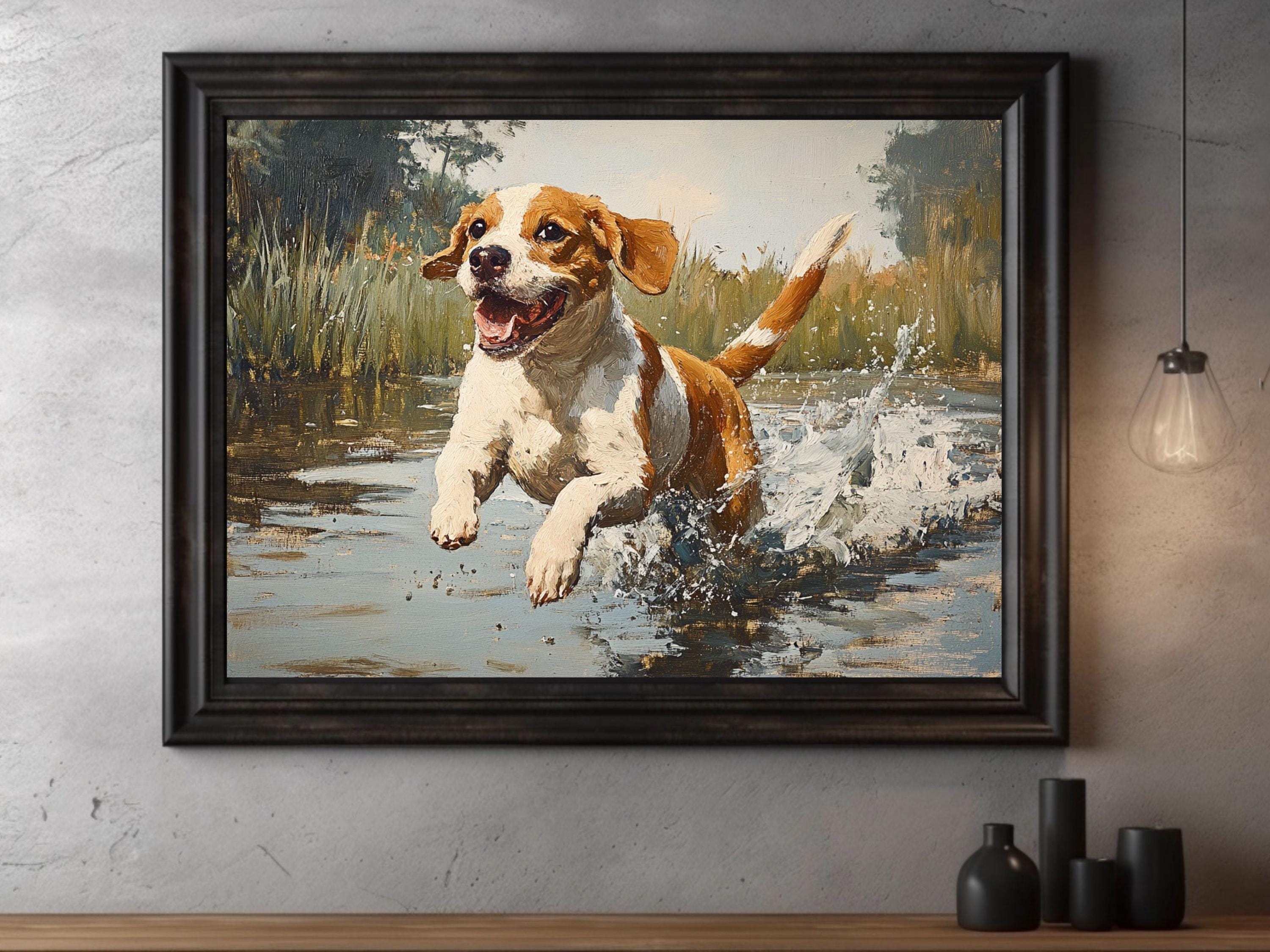ヴィンテージ犬の油絵、コテージコアウォールアート（デジタルプリント