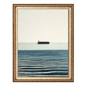 Minimalist Cargo Ship On Calm Sea Horizon – VINTAGE Oil Painting, Cottagecore Wall Art, Printable Wall Art, Digital Products