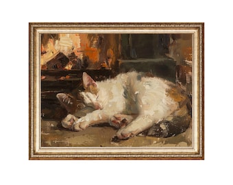 Vintage Cat Print, Farmhouse Style Sleeping Cat Art (Digital Download)