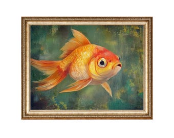 Pintura al óleo vintage de peces dorados, arte acuático estilo cottagecore (impresiones digitales)