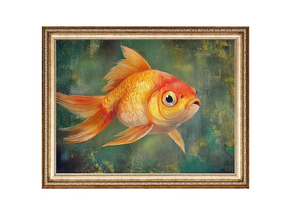 ヴィンテージ金魚油絵、コテージコア水生アート（デジタルプリント