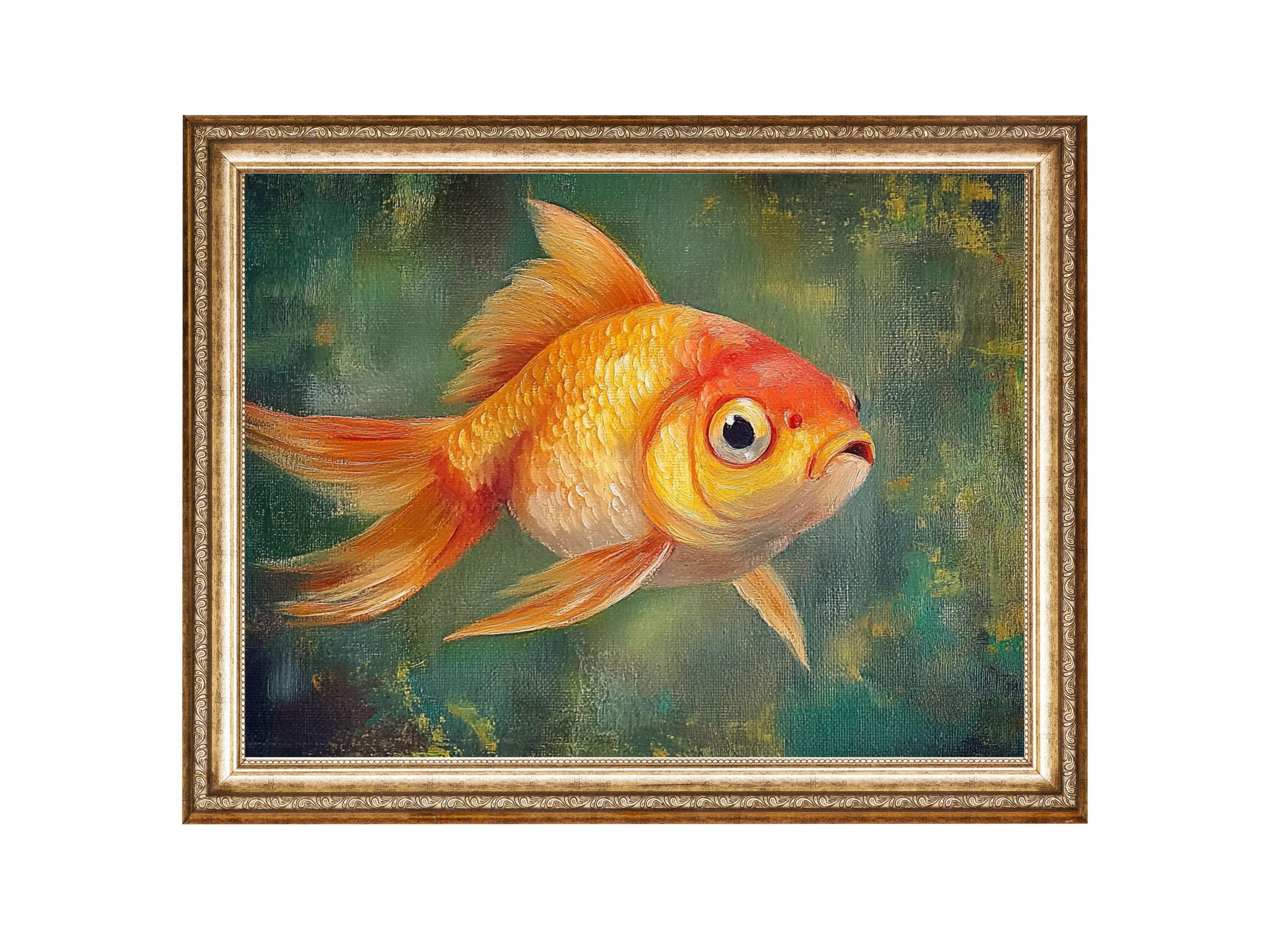 ヴィンテージ金魚油絵、コテージコア水生アート（デジタルプリント