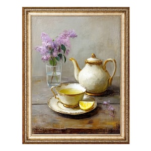 Bodegón vintage de té, óleo sobre lienzo, limón y lila (impresión digital)