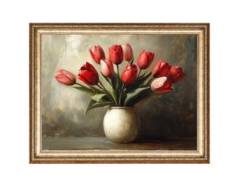 Tulips Still Life Oil Painting, Vintage Cottagecore Art (Digital Print)