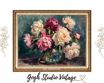 Peonies of Vase, Peony Painting, Fresh Pink Peony, Flower Still Life Painting, Antique Vintage PRINTABLE Digital Download Wall Art
